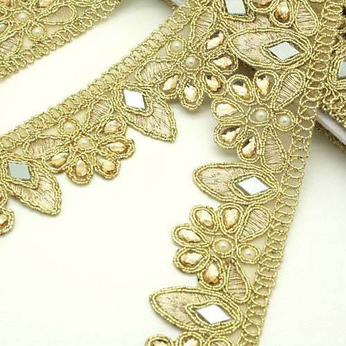 GOLD MIRROR PEARL RHINESTONE FABRIC TRIM - sarahi.NYC