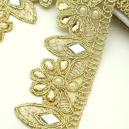 GOLD MIRROR PEARL RHINESTONE FABRIC TRIM - sarahi.NYC