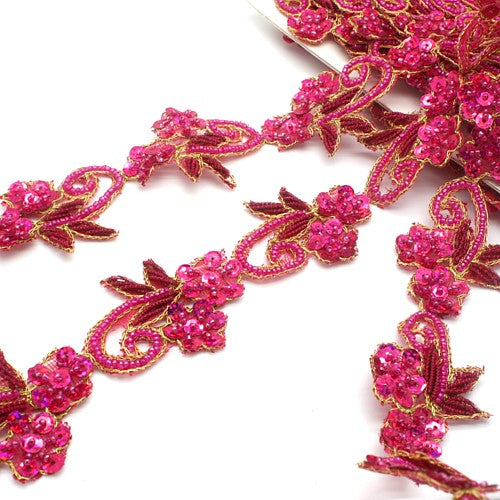 HOT PINK SEQUIN FLORAL BEADED TRIM - sarahi.NYC