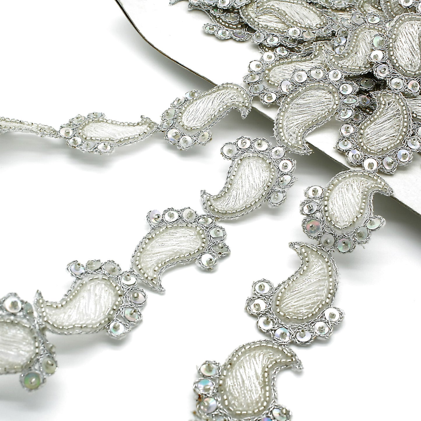 SILVER WHITE PAISLEY SEQUIN BEADED TRIM - sarahi.NYC