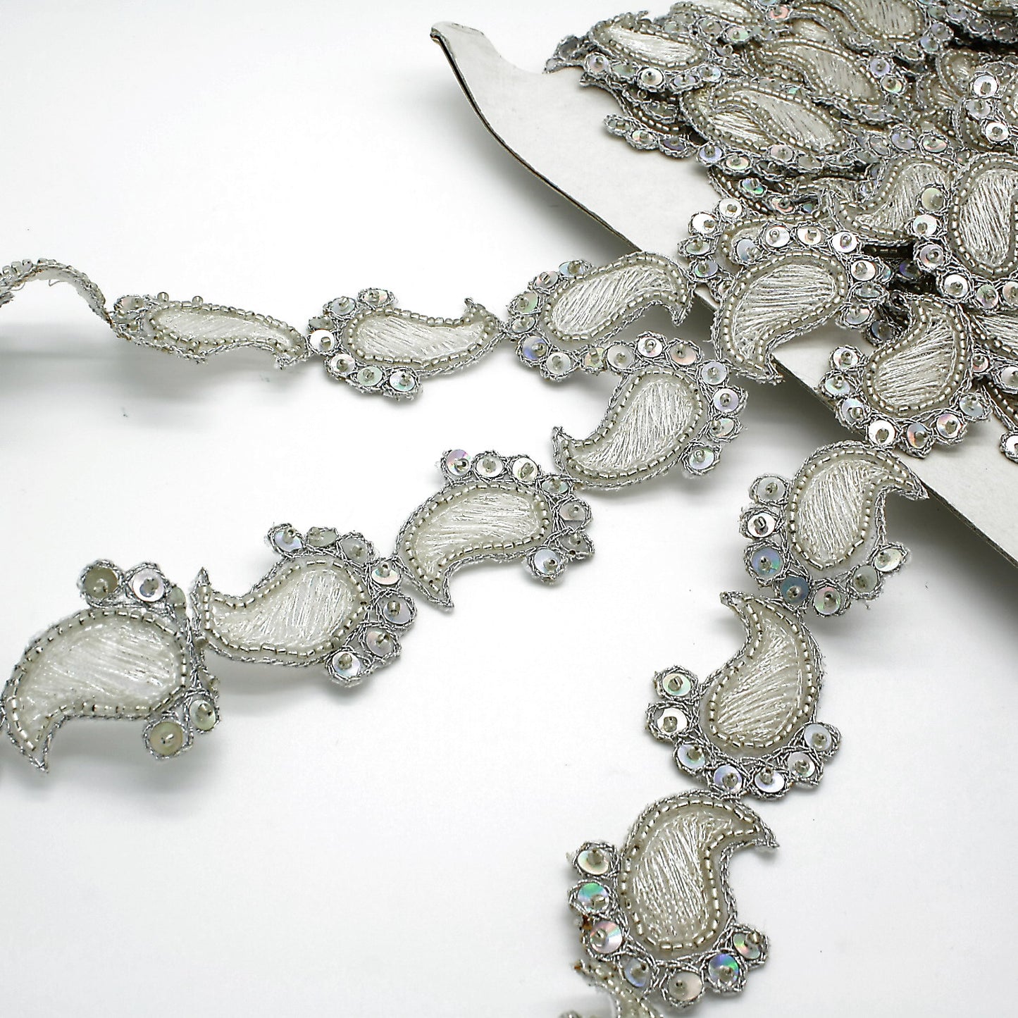 SILVER WHITE PAISLEY SEQUIN BEADED TRIM - sarahi.NYC