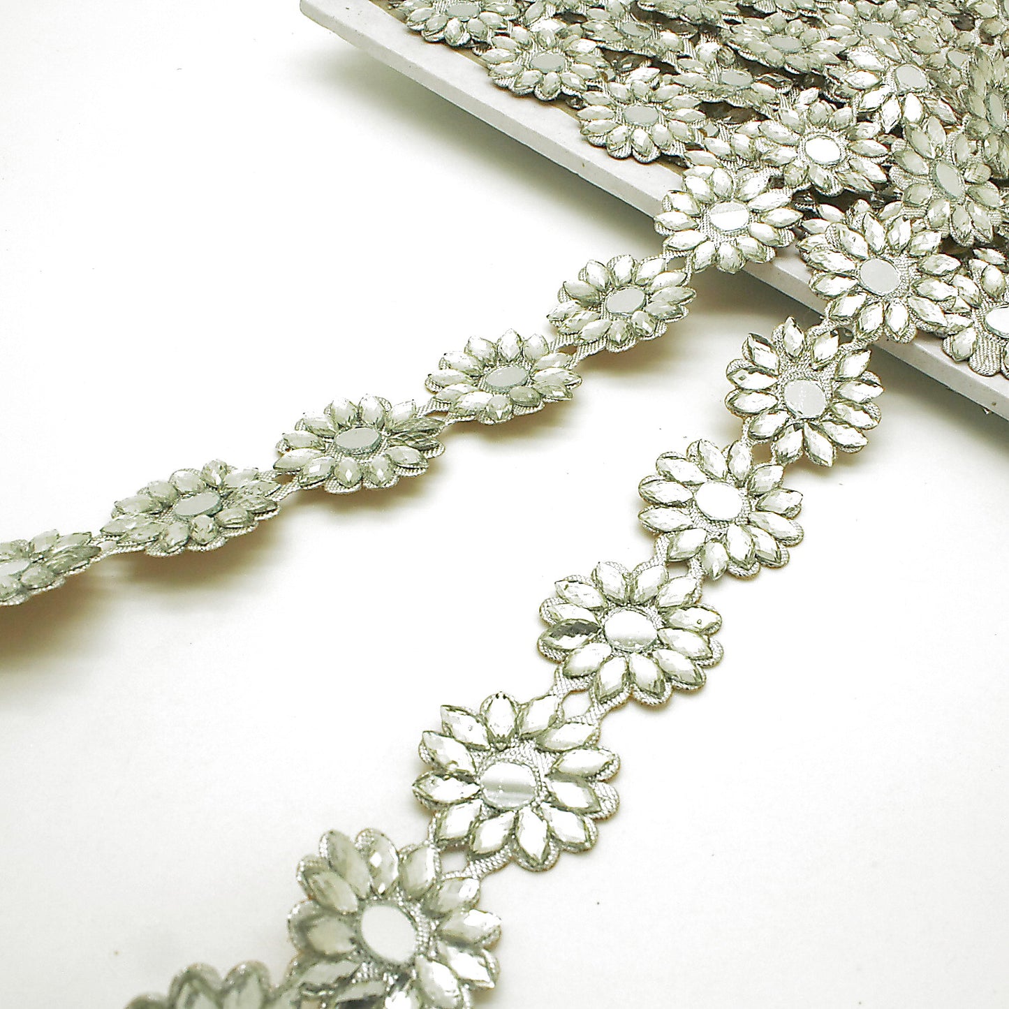 SILVER FLOWER MIRROR RHINESTONE TRIM - sarahi.NYC