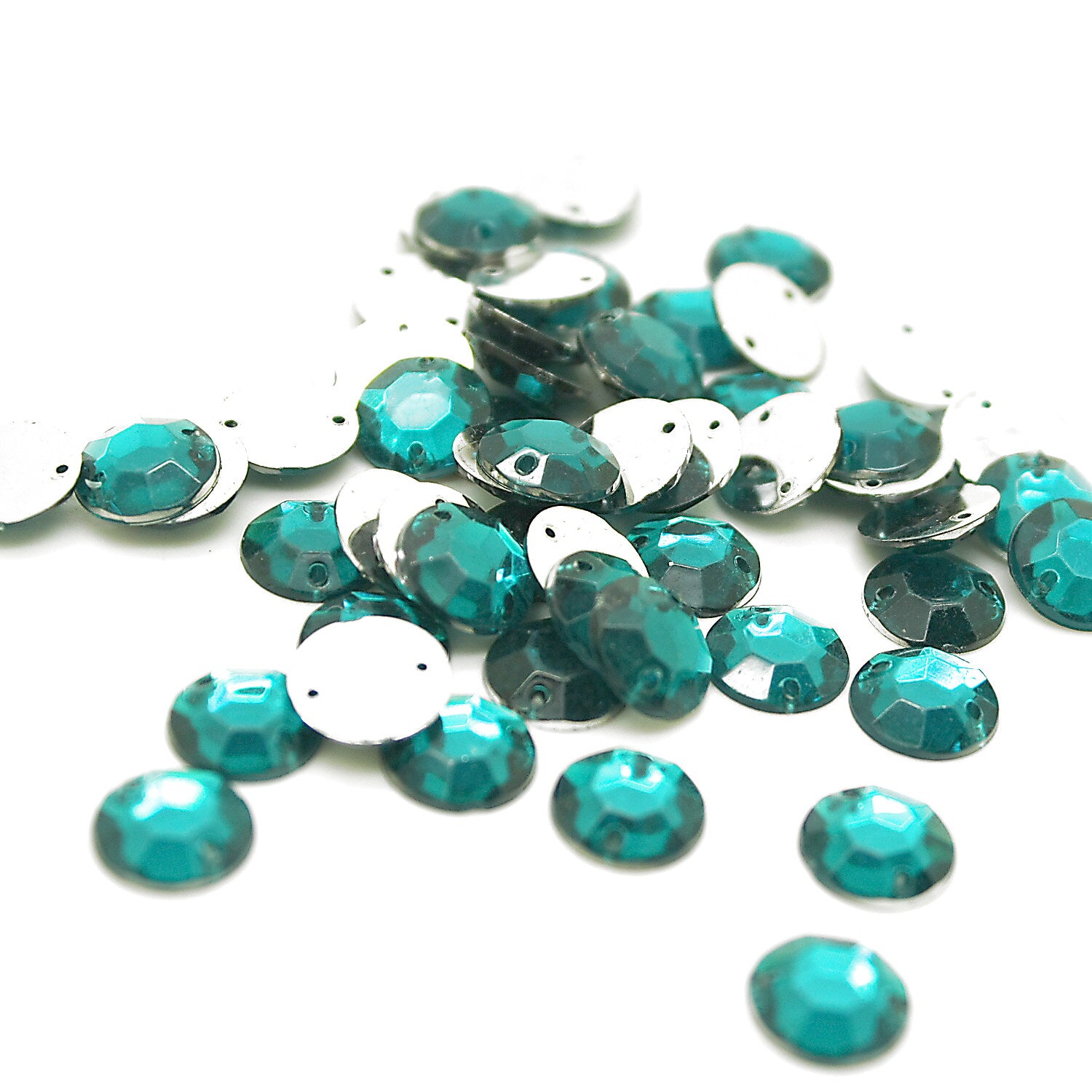 PACK OF 50 - ROUND 10mm TEAL FLAT RHINESTONES - sarahi.NYC