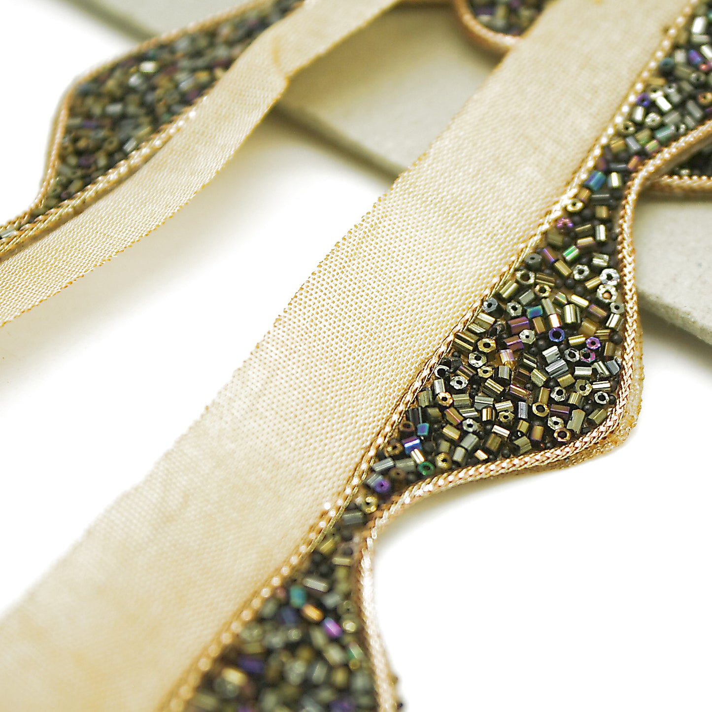 BLACK GOLD WAVE EDGING BUGLE BEADED FABRIC TRIM - sarahi.NYC