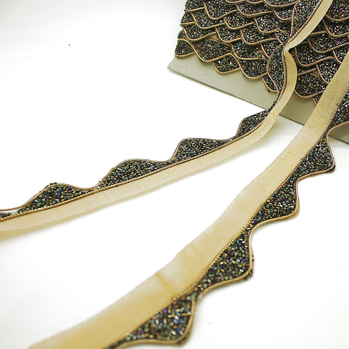 BLACK GOLD WAVE EDGING BUGLE BEADED FABRIC TRIM - sarahi.NYC