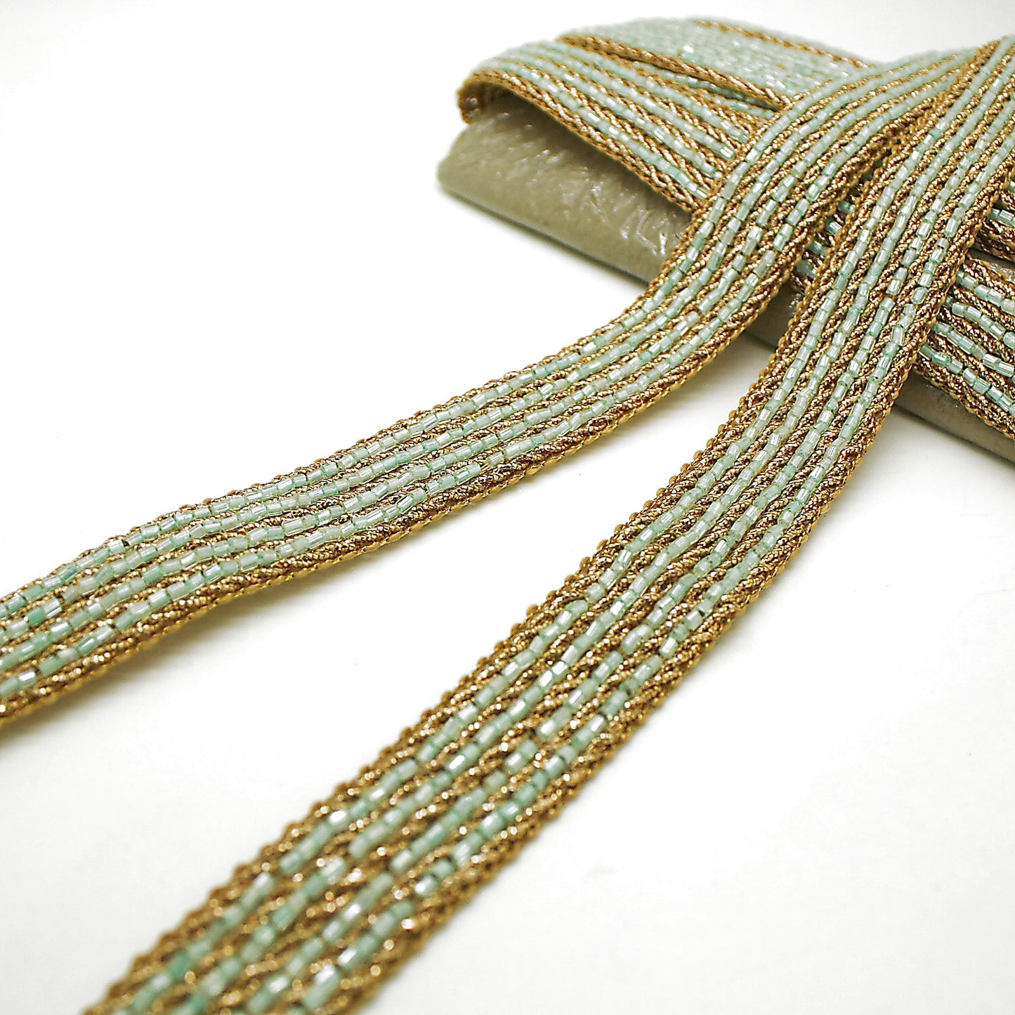 LIGHT BLUE GOLD BUGLE BEAD TRIM - sarahi.NYC