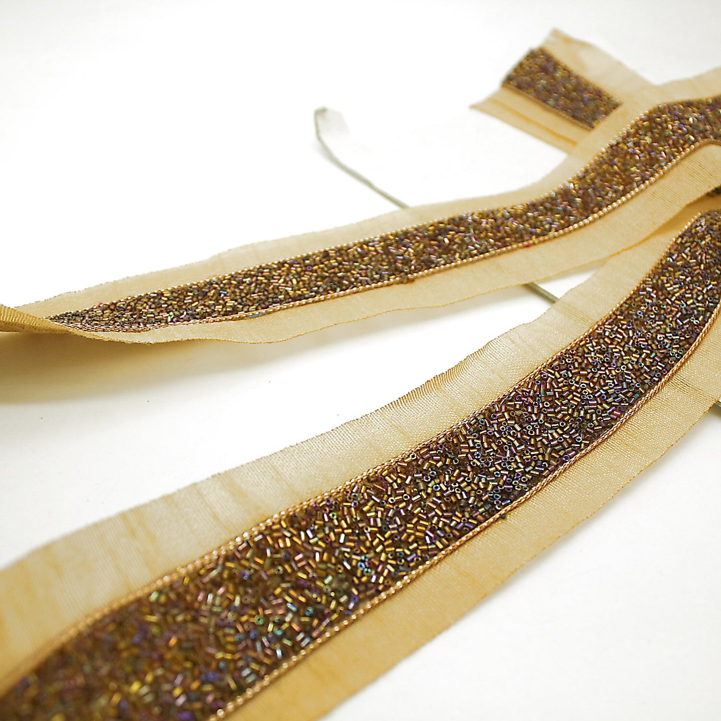 BRONZE GOLD BUGLE BEADED FABRIC TRIM - sarahi.NYC