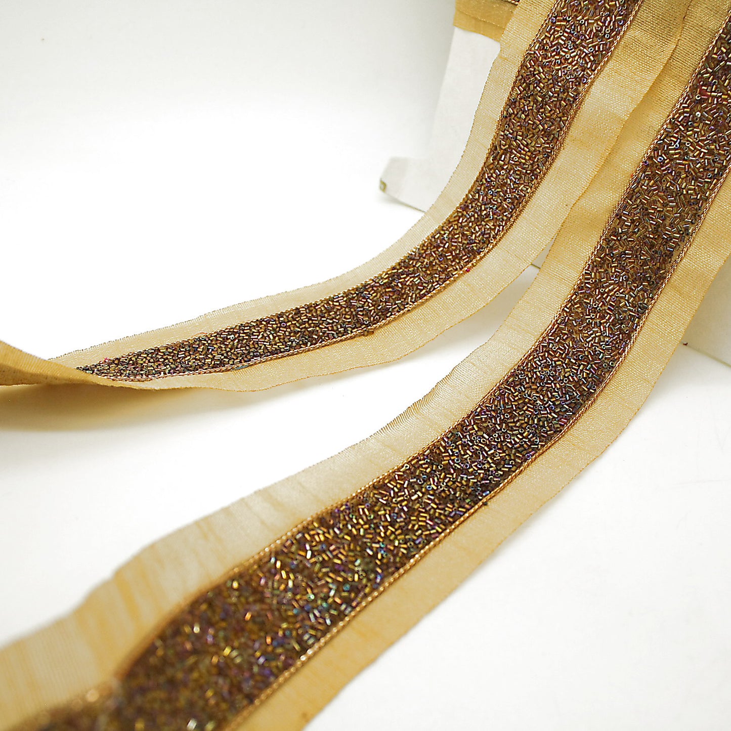 BRONZE GOLD BUGLE BEADED FABRIC TRIM - sarahi.NYC