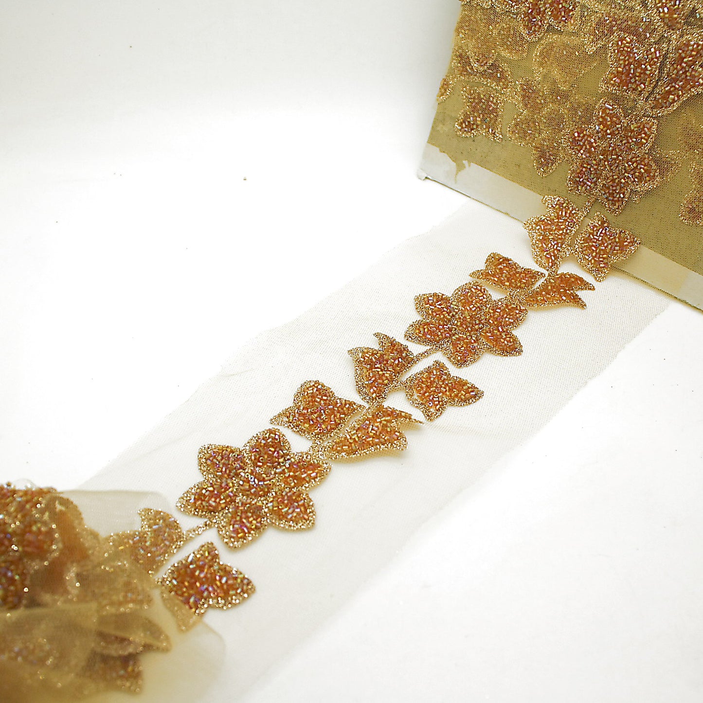 GOLD BUGLE BEAD FLORAL NET TRIM - sarahi.NYC