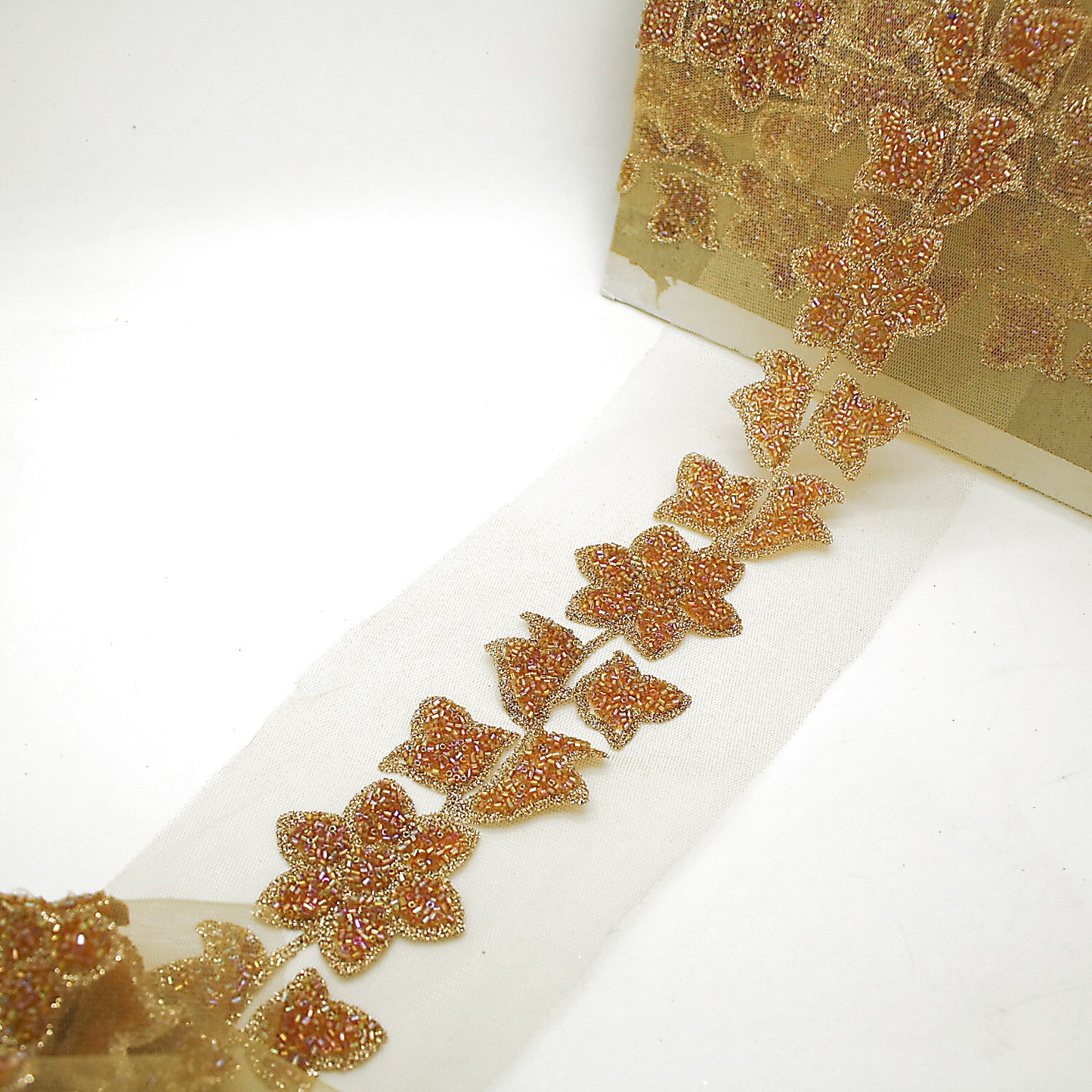 GOLD BUGLE BEAD FLORAL NET TRIM - sarahi.NYC