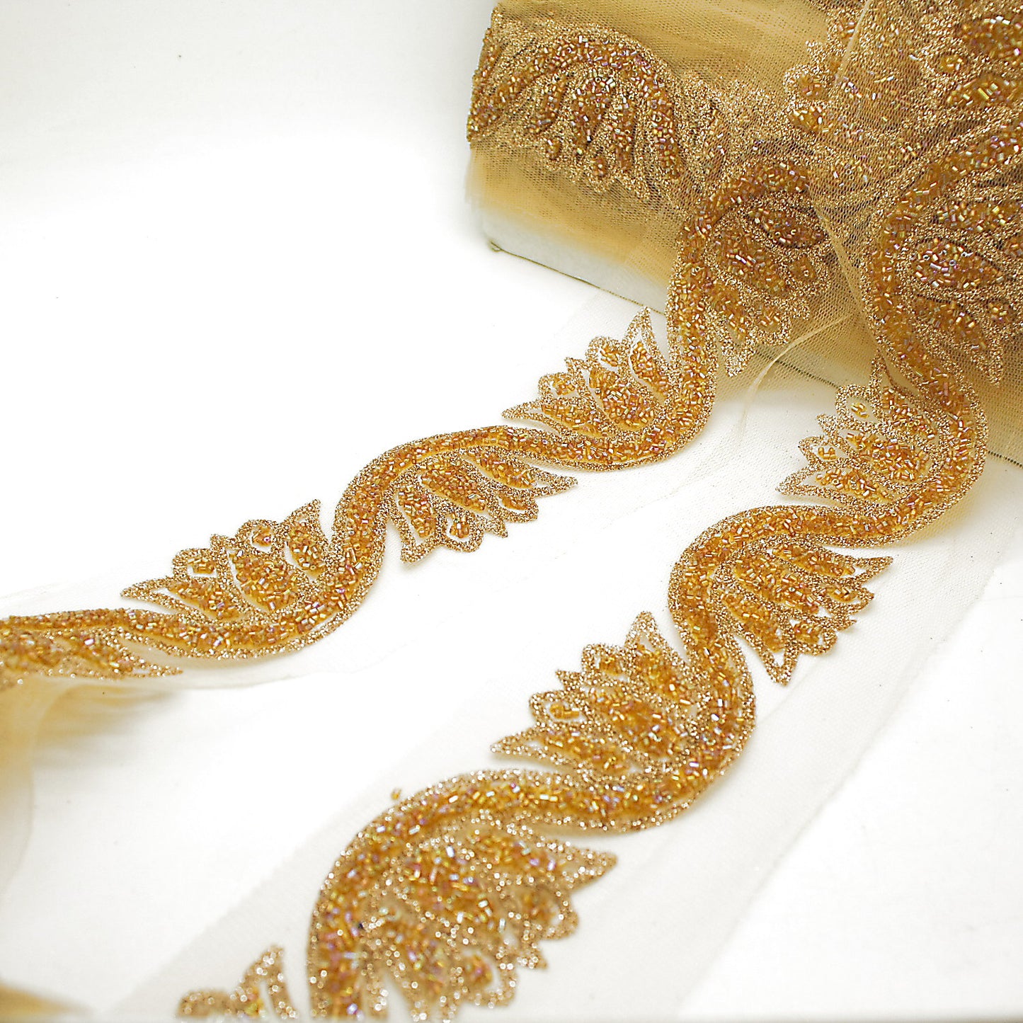 GOLD FLORAL BUGLE BEADED NET TRIM - sarahi.NYC