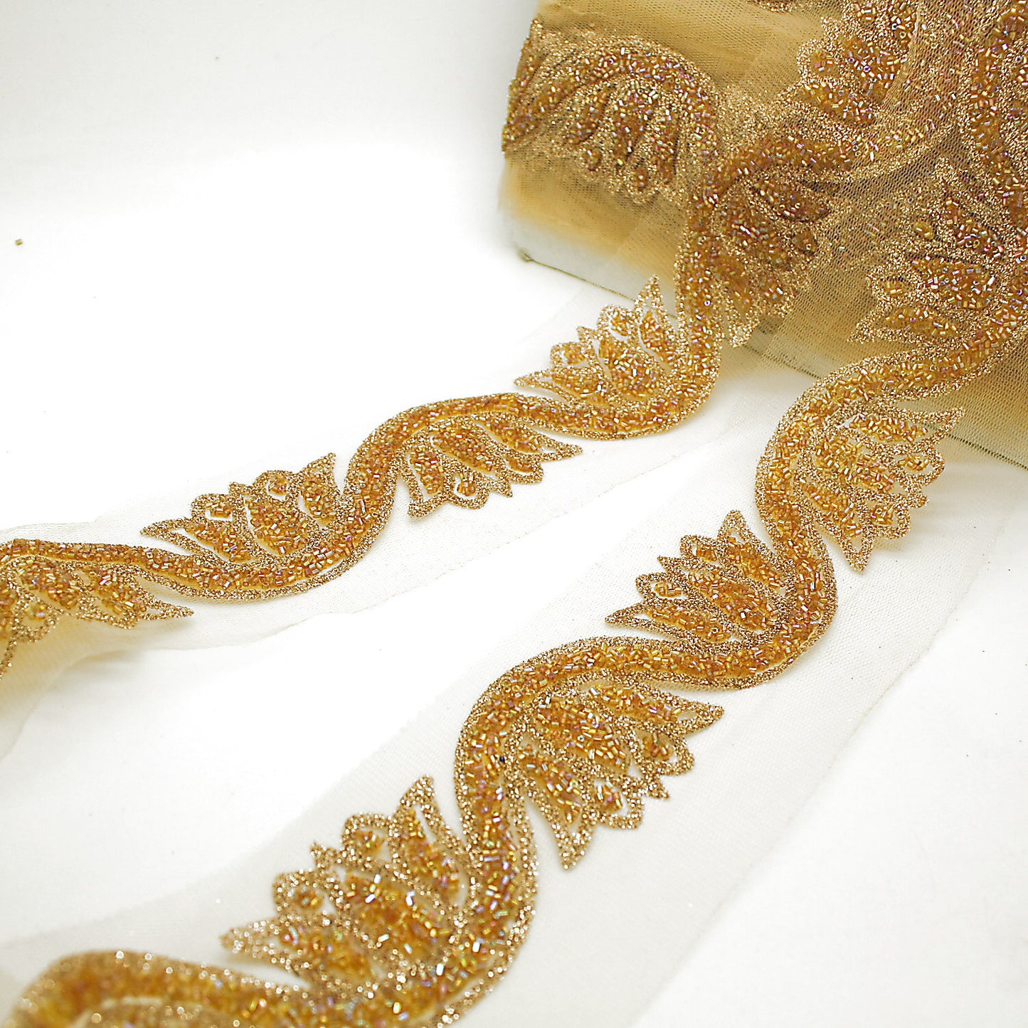 GOLD FLORAL BUGLE BEADED NET TRIM - sarahi.NYC