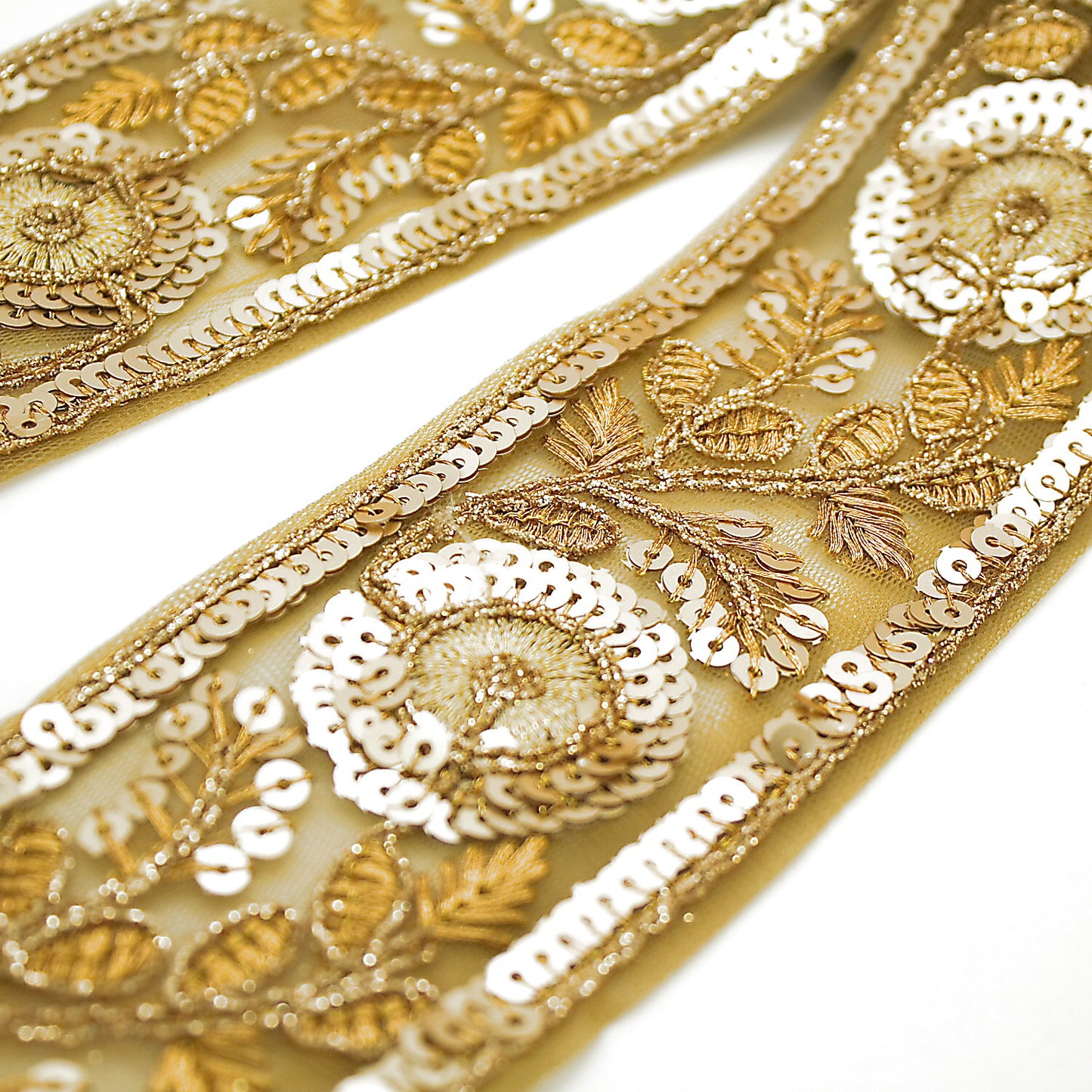 GOLD SEQUIN FLORAL RIBBON FABRIC TRIM - sarahi.NYC