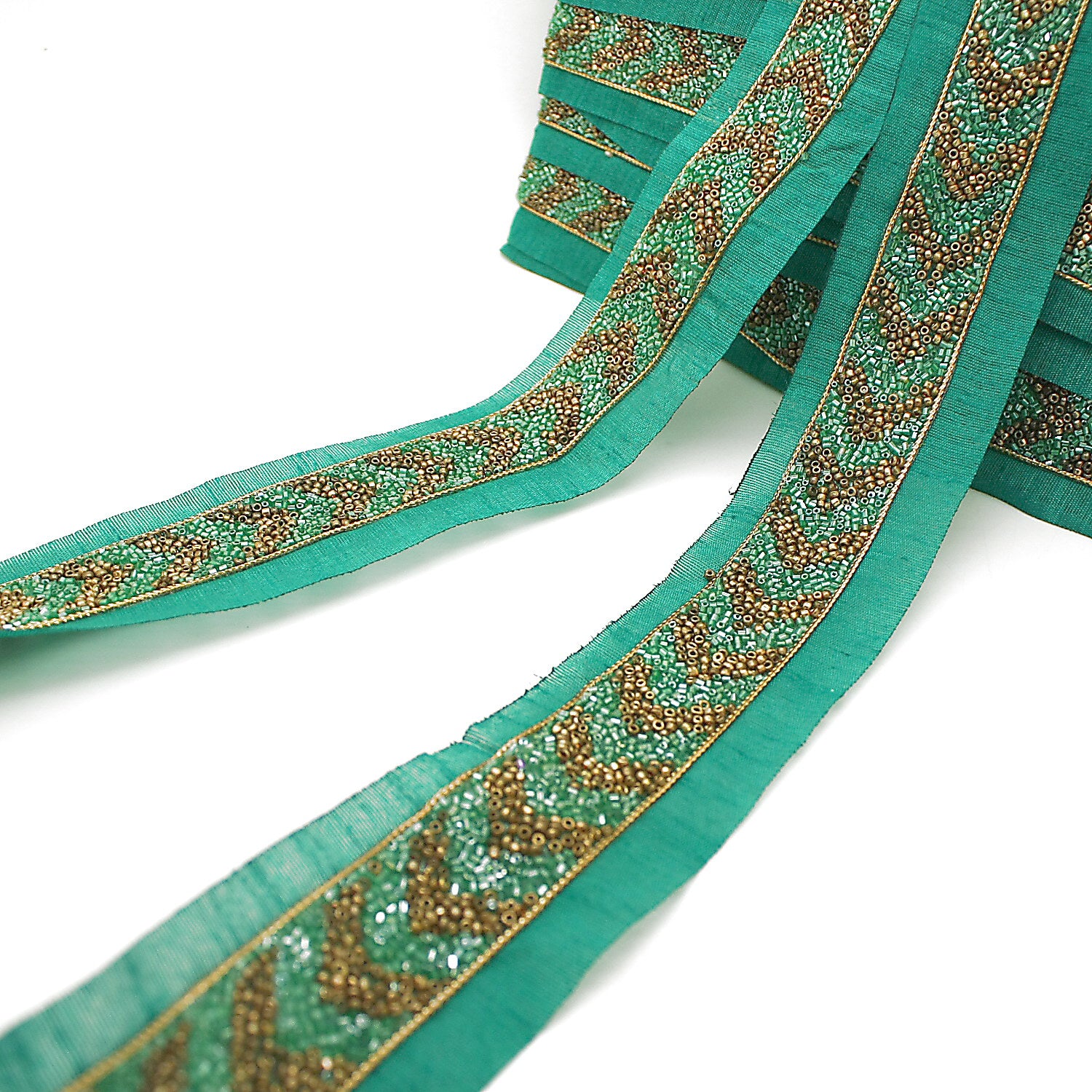 GREEN GOLD BUGLE BEADED FABRIC TRIM - sarahi.NYC