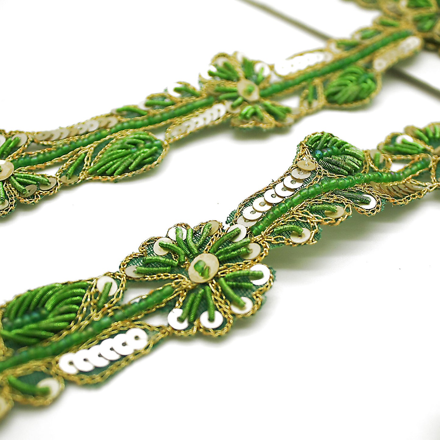 GREEN GOLD FLORAL BEADED SEQUIN TRIM - sarahi.NYC