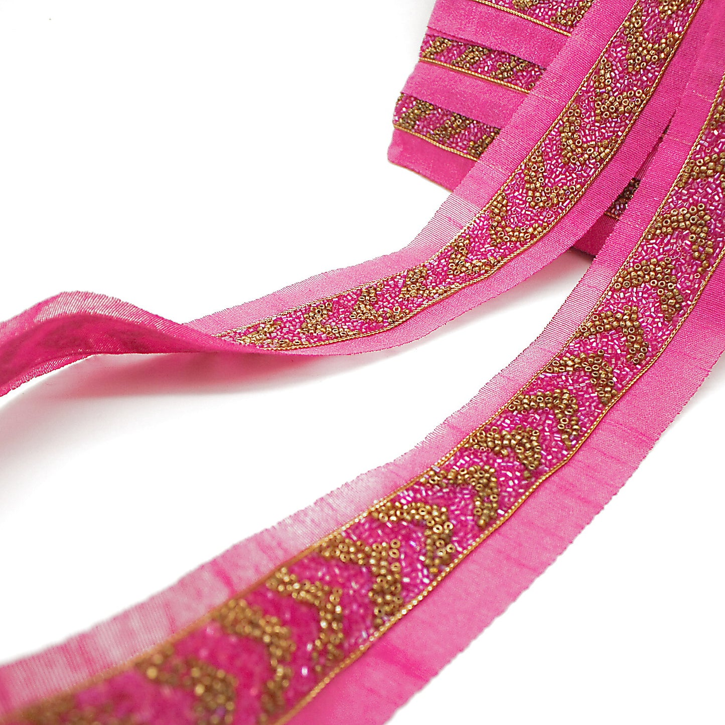 PINK GOLD BUGLE BEADED FABRIC TRIM - sarahi.NYC