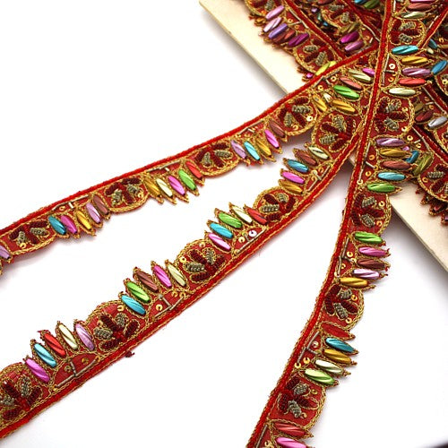 RED MULTI-COLOURED BEADED SEQUIN TRIM - sarahi.NYC