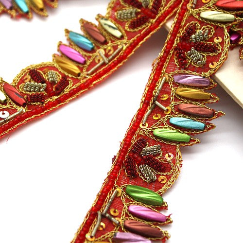 RED MULTI-COLOURED BEADED SEQUIN TRIM - sarahi.NYC