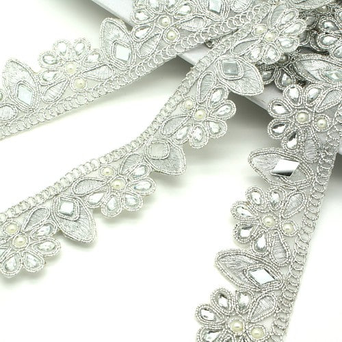 SILVER MIRROR PEARL RHINESTONE FABRIC TRIM - sarahi.NYC