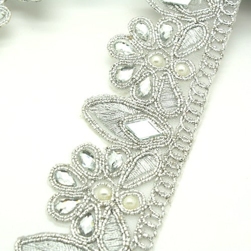 SILVER MIRROR PEARL RHINESTONE FABRIC TRIM - sarahi.NYC