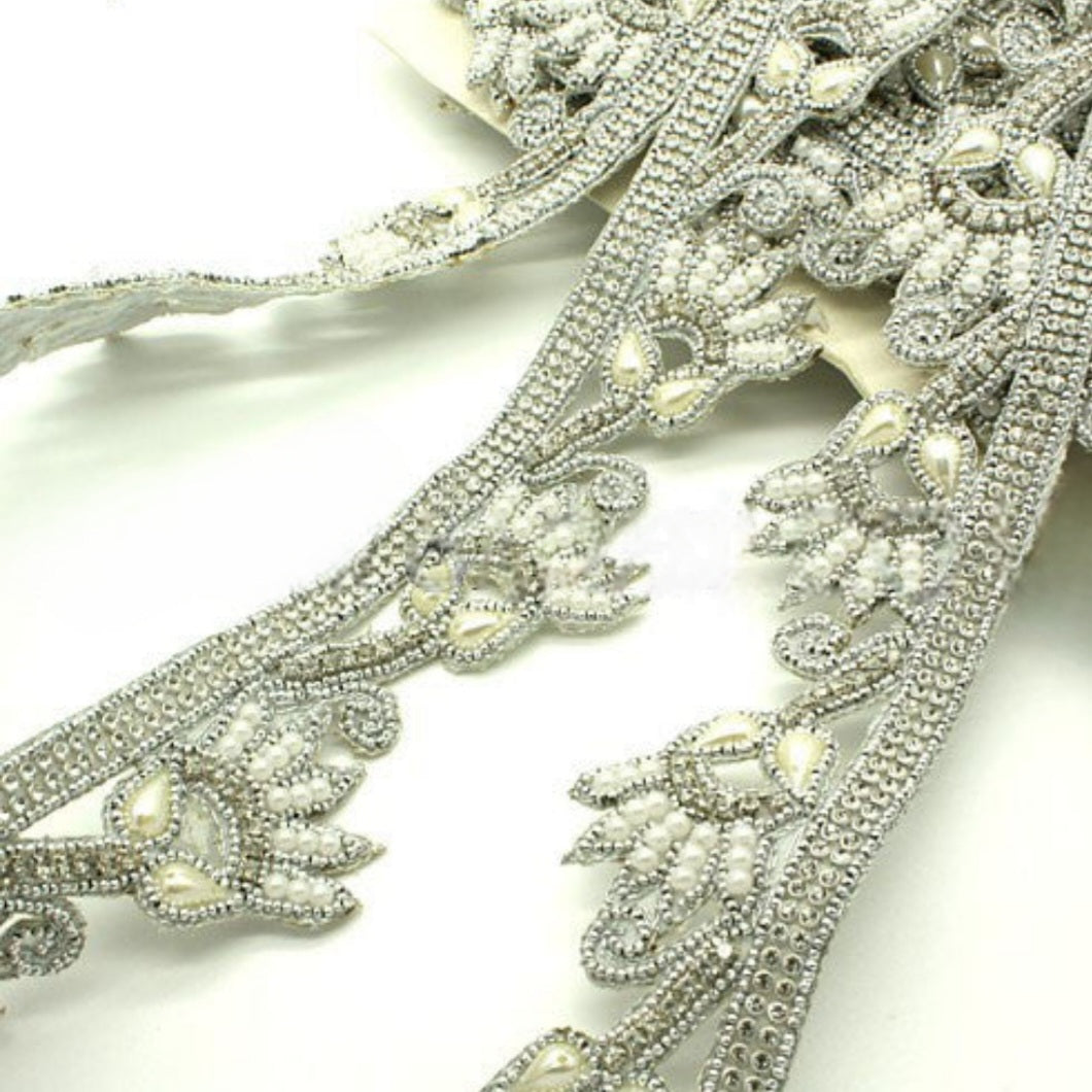 WHITE PEARL BEADED FLORAL TRIM - sarahi.NYC