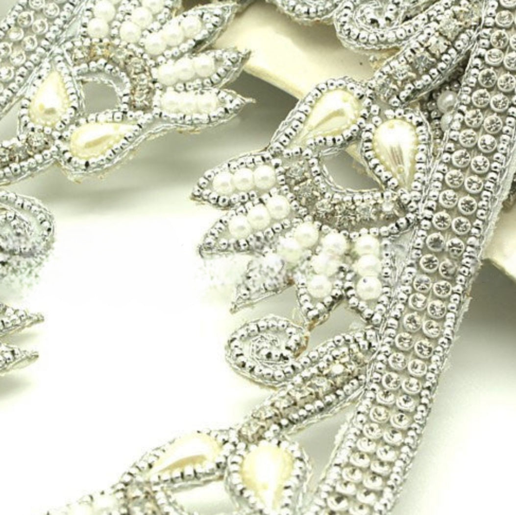 WHITE PEARL BEADED FLORAL TRIM - sarahi.NYC