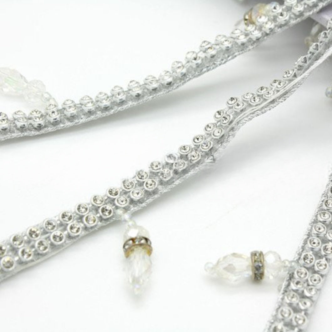 SILVER CRYSTAL BEADED DIAMONTE FRINGE TRIM - sarahi.NYC