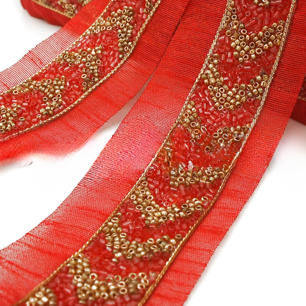 RED GOLD BUGLE BEADED FABRIC TRIM - sarahi.NYC