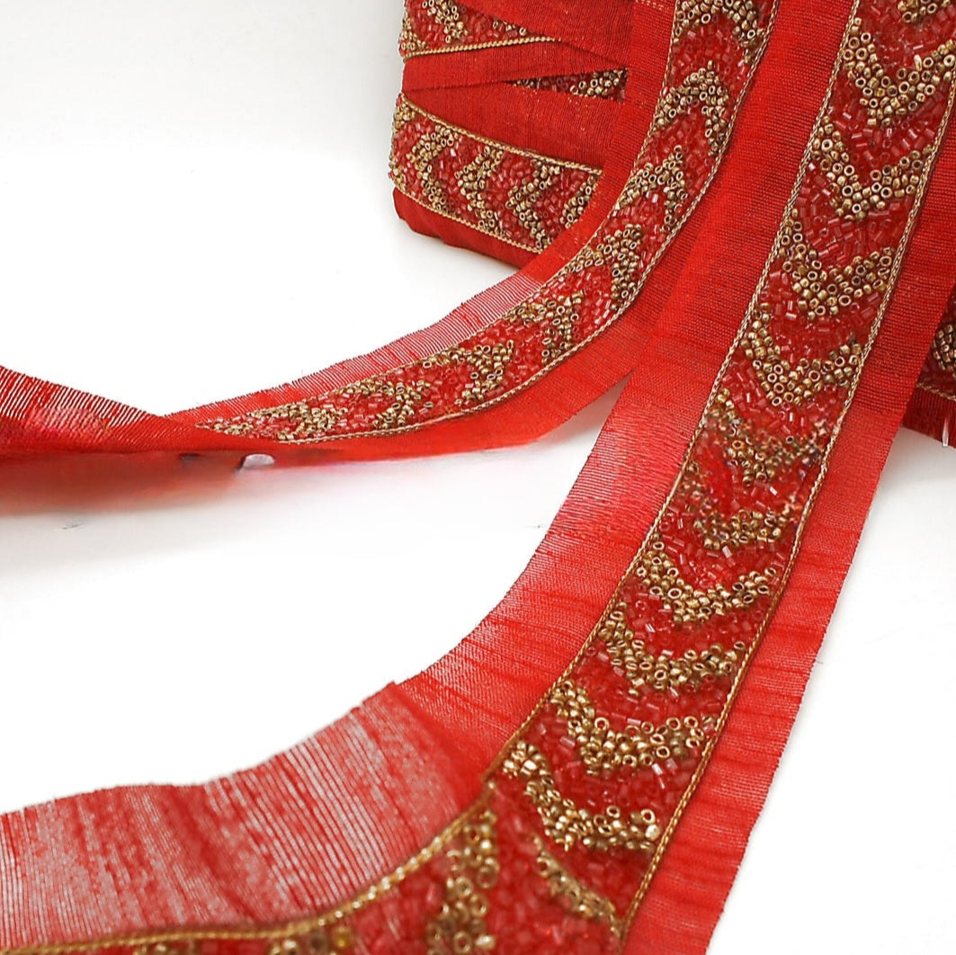 RED GOLD BUGLE BEADED FABRIC TRIM - sarahi.NYC