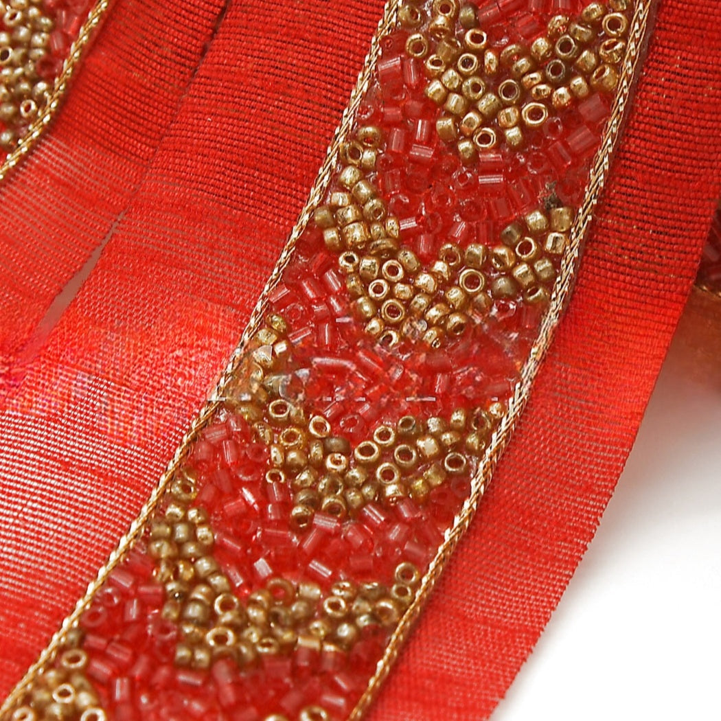 RED GOLD BUGLE BEADED FABRIC TRIM - sarahi.NYC