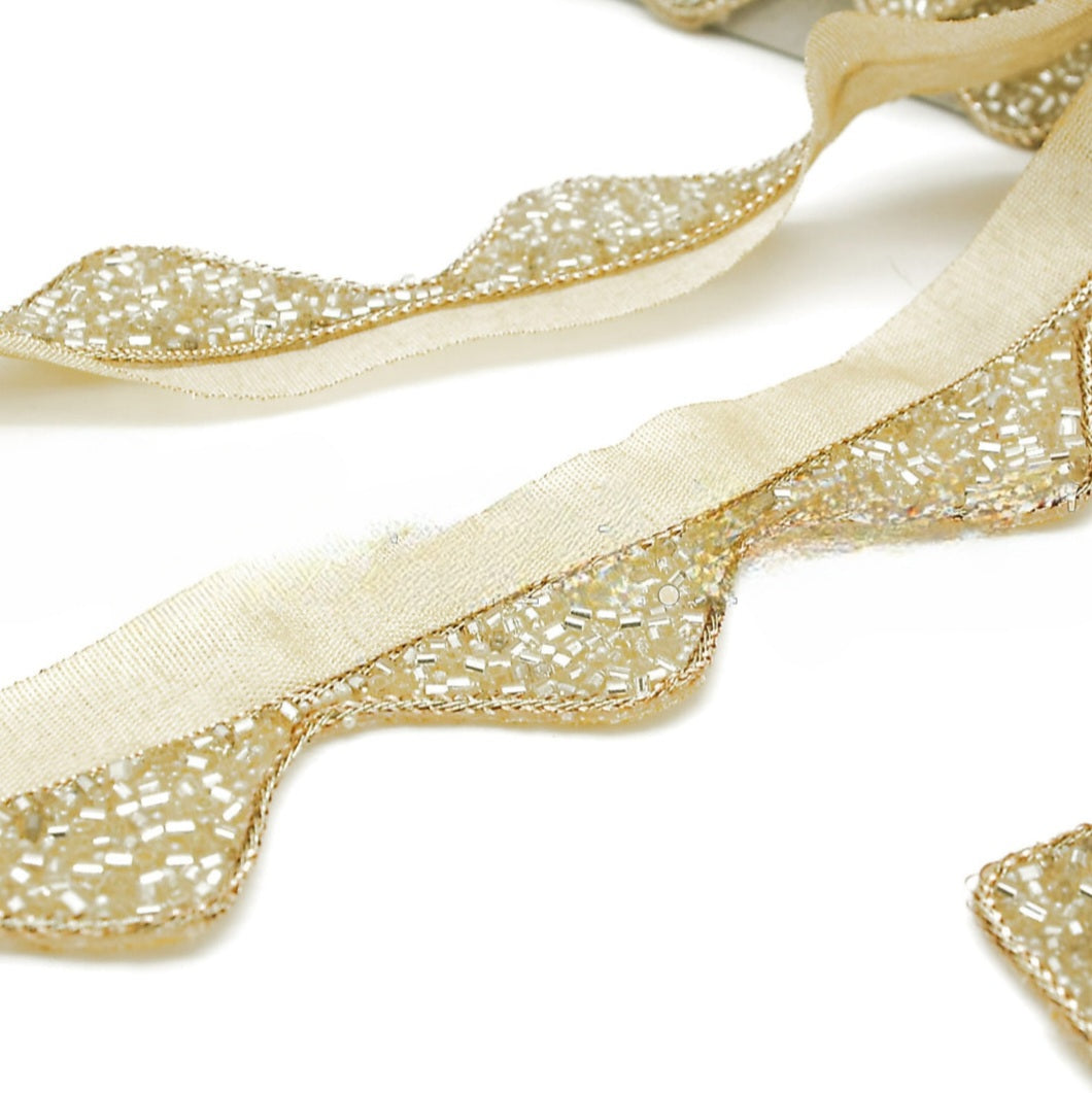 WHITE CREAM GOLD WAVE EDGING BUGLE BEADED FABRIC TRIM - sarahi.NYC