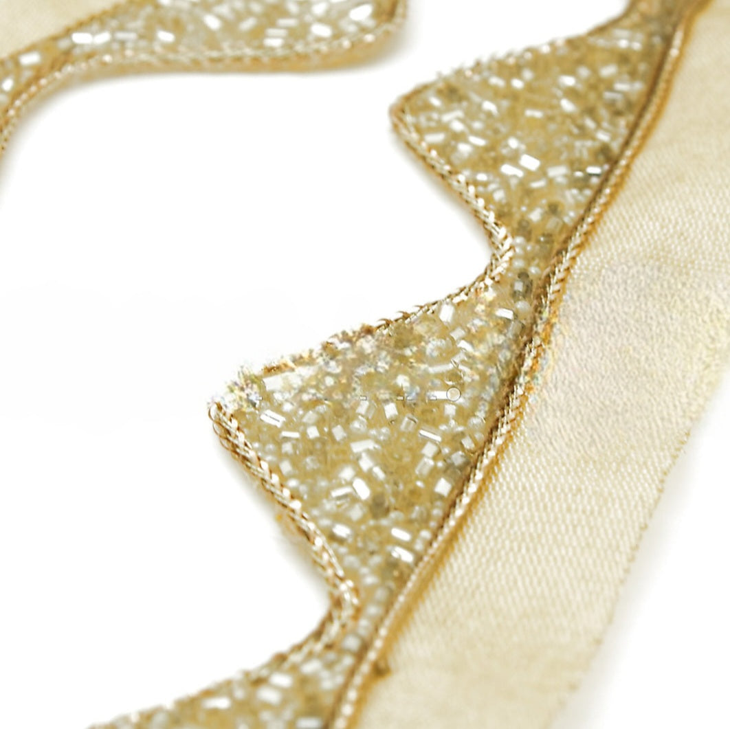 WHITE CREAM GOLD WAVE EDGING BUGLE BEADED FABRIC TRIM - sarahi.NYC