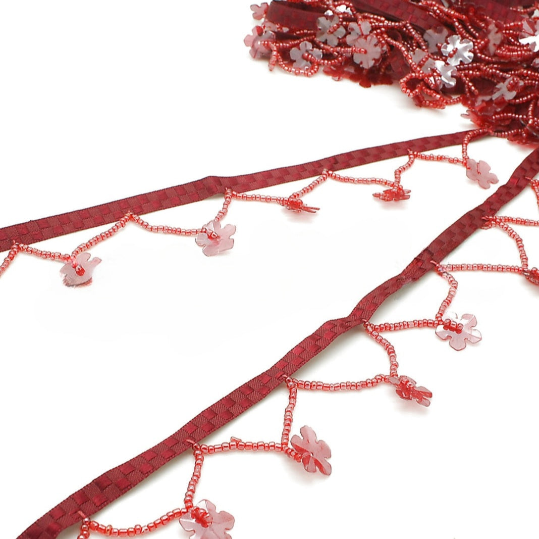 RED FLORAL BEADED FRINGE TRIM - sarahi.NYC