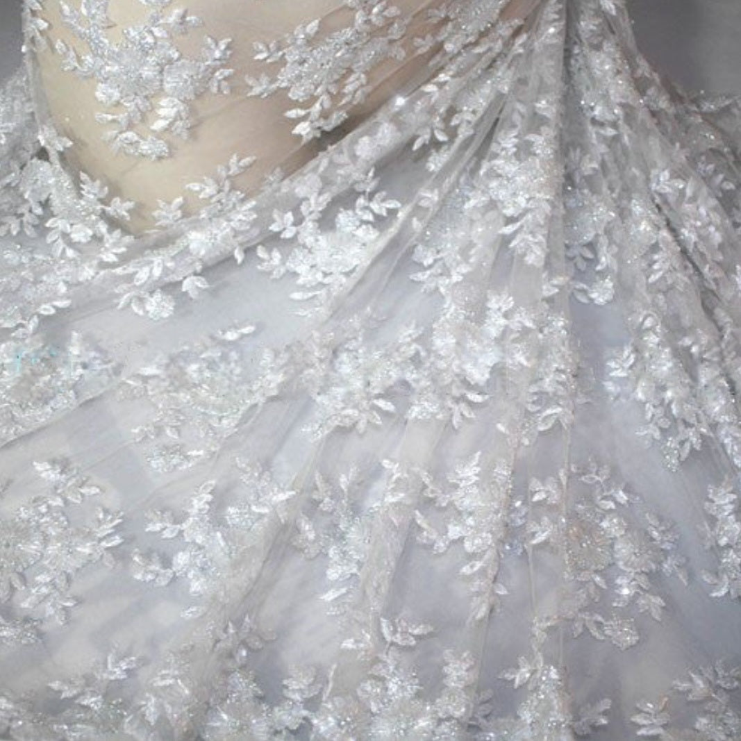 WHITE BEADED LACE WEDDING FABRIC - sarahi.NYC WHITE BEADED LACE WEDDING FABRIC - sarahi.NYC