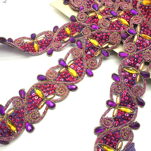 PURPLE PINK SEQUIN FLORAL FABRIC TRIM - sarahi.NYC
