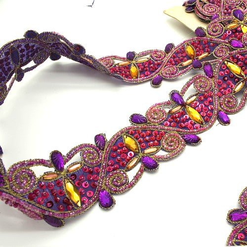 PURPLE PINK SEQUIN FLORAL FABRIC TRIM - sarahi.NYC