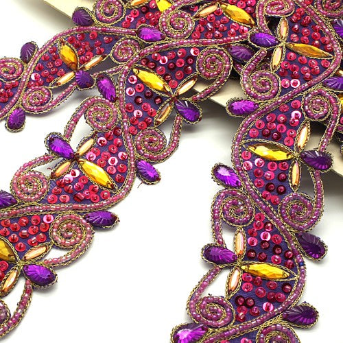 PURPLE PINK SEQUIN FLORAL FABRIC TRIM - sarahi.NYC