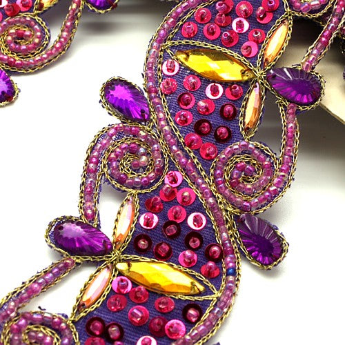 PURPLE PINK SEQUIN FLORAL FABRIC TRIM - sarahi.NYC