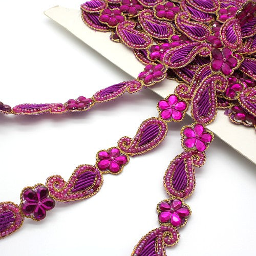 HOT PINK CERISE BEADED FLORAL TRIM - sarahi.NYC