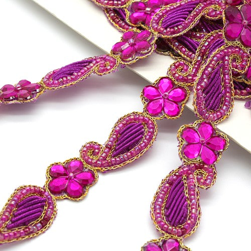 HOT PINK CERISE BEADED FLORAL TRIM - sarahi.NYC