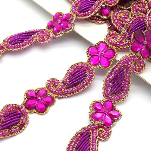 HOT PINK CERISE BEADED FLORAL TRIM - sarahi.NYC