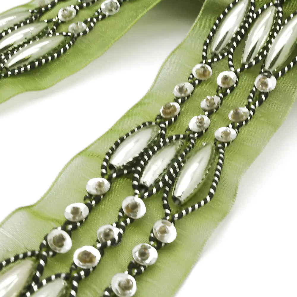 Green Ribbon Beaded Trim - Sarahi.nyc Fabric Trims