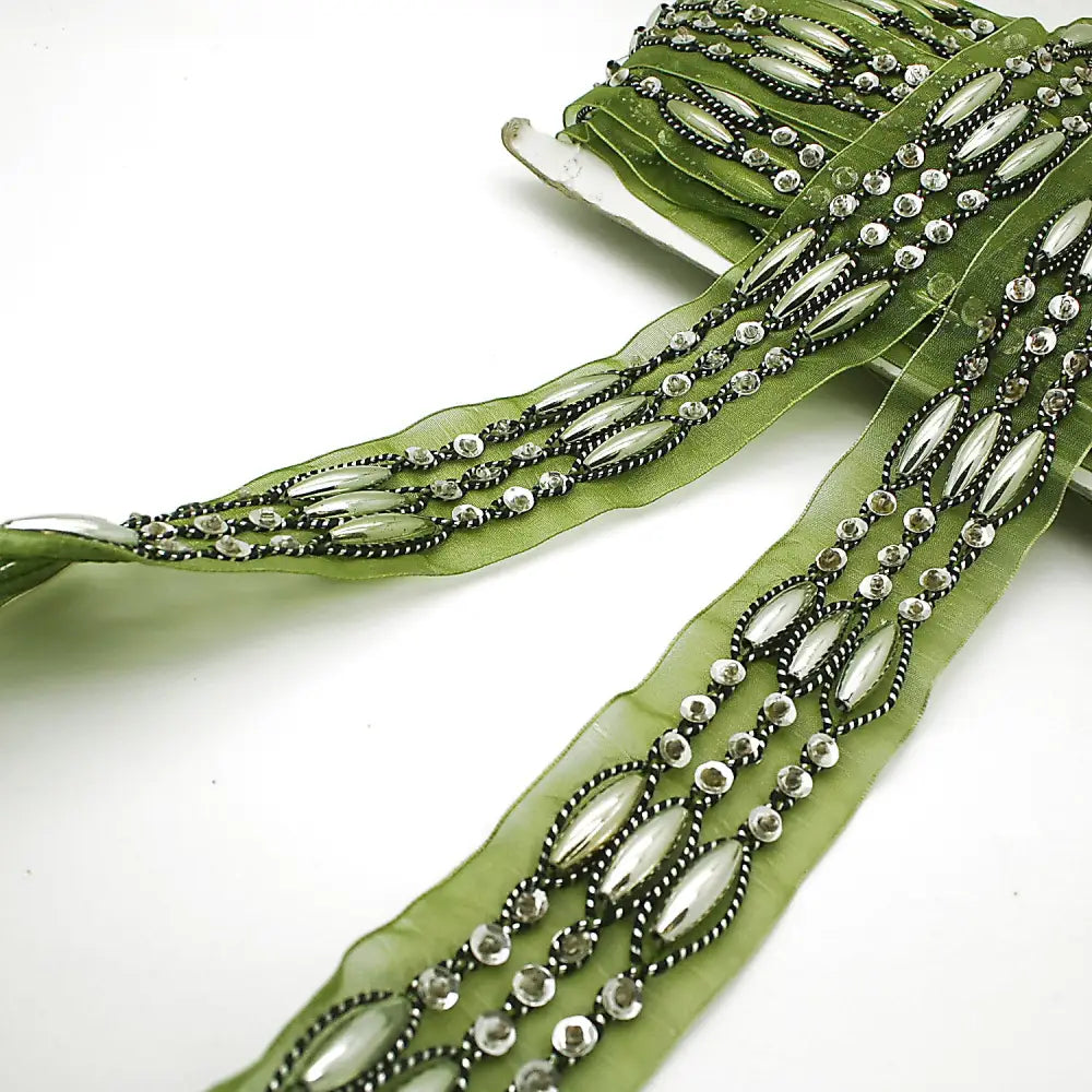 Green Ribbon Beaded Trim - Sarahi.nyc Fabric Trims