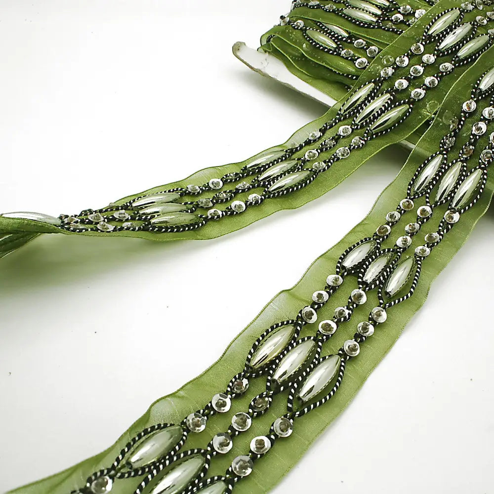 Green Ribbon Beaded Trim - Sarahi.nyc Fabric Trims