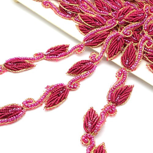 HOT PINK BEADED SMALL LEAF TRIM - sarahi.NYC