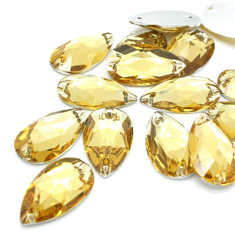 PACK OF 10 - TEARDROP 28 mm FLAT GOLD RHINESTONE GEMS - sarahi.NYC