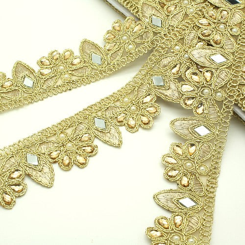 GOLD MIRROR PEARL RHINESTONE FABRIC TRIM - sarahi.NYC