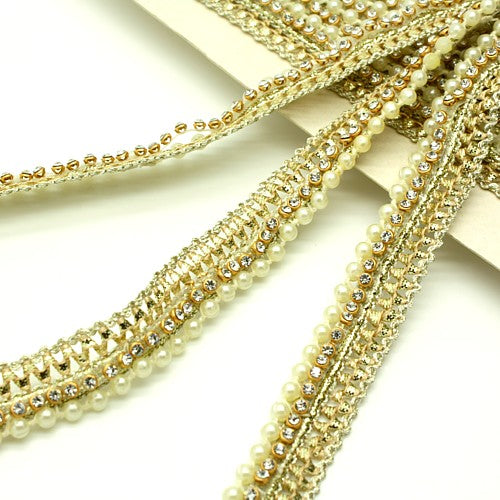 GOLD PEARL CRYSTAL WOVEN TRIM - sarahi.NYC