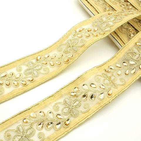 Gold yellow ribbon rhinestone fabric trim - sarahi.NYC