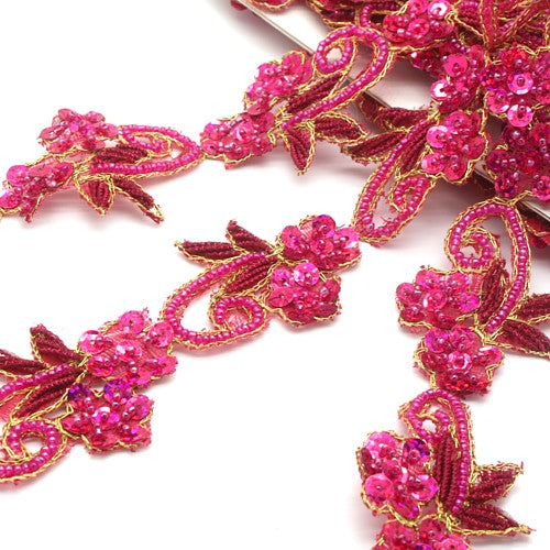 HOT PINK SEQUIN FLORAL BEADED TRIM - sarahi.NYC